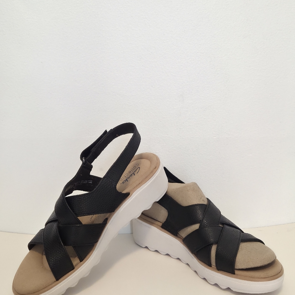 Clark’s Women’s  Jillian Black Leather Criss Cross Strappy Wedge Sandals - Picture 13 of 16